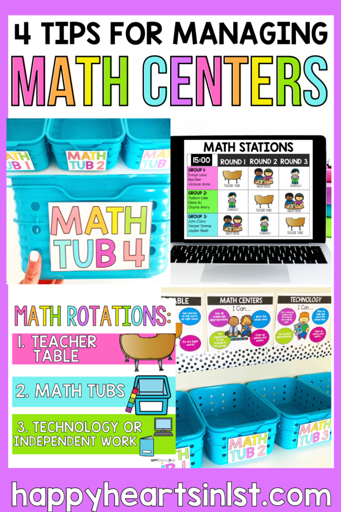 Are your guided math centers in need of a refresh? I have 4 management tips to take the stress out of planning math centers in your kindergarten, first grade, or second grade classroom! Learn how to plan your math rotations including teacher table math tubs and independent work, teach expectations, and simplify your math tub activities. Plus grab some free math tub labels! Guided math stations are my first graders favorite time of day! 