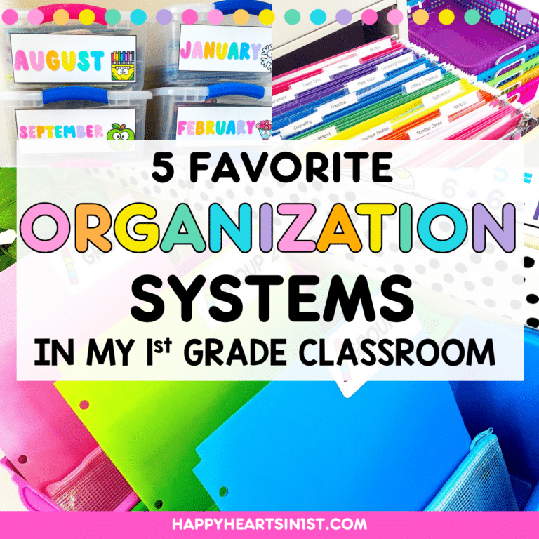 5 classroom organization systems for a clutter-free 1st grade classroom including monthly bins, unit bins, filing cabinet organization, and small group storage.