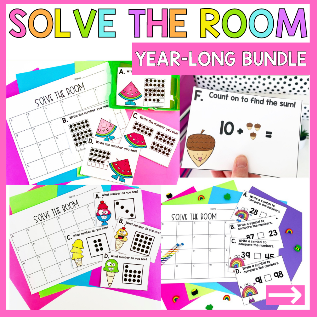 First grade math task cards Solve the Room Yearlong Bundle