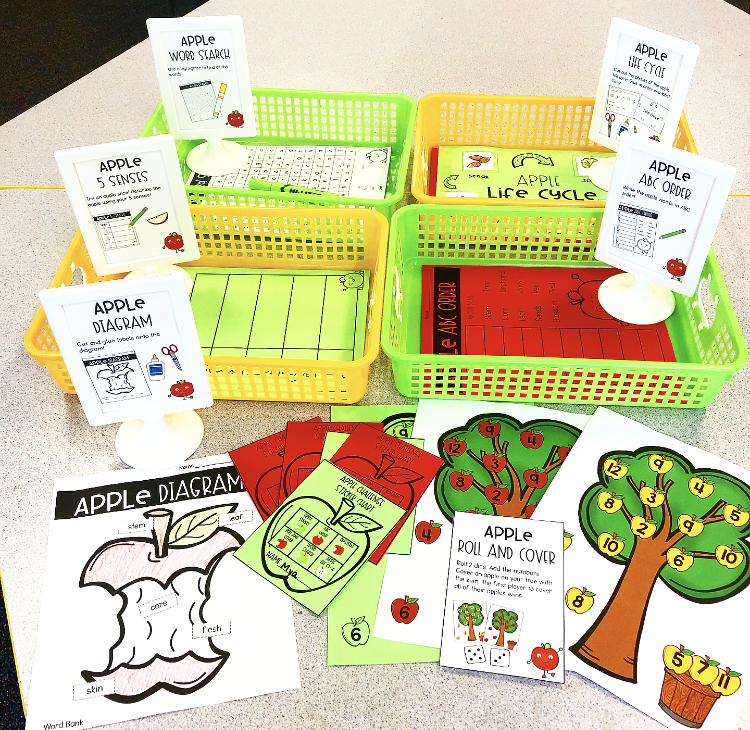Apple Day activities for 1st grade including math, literacy, and science centers