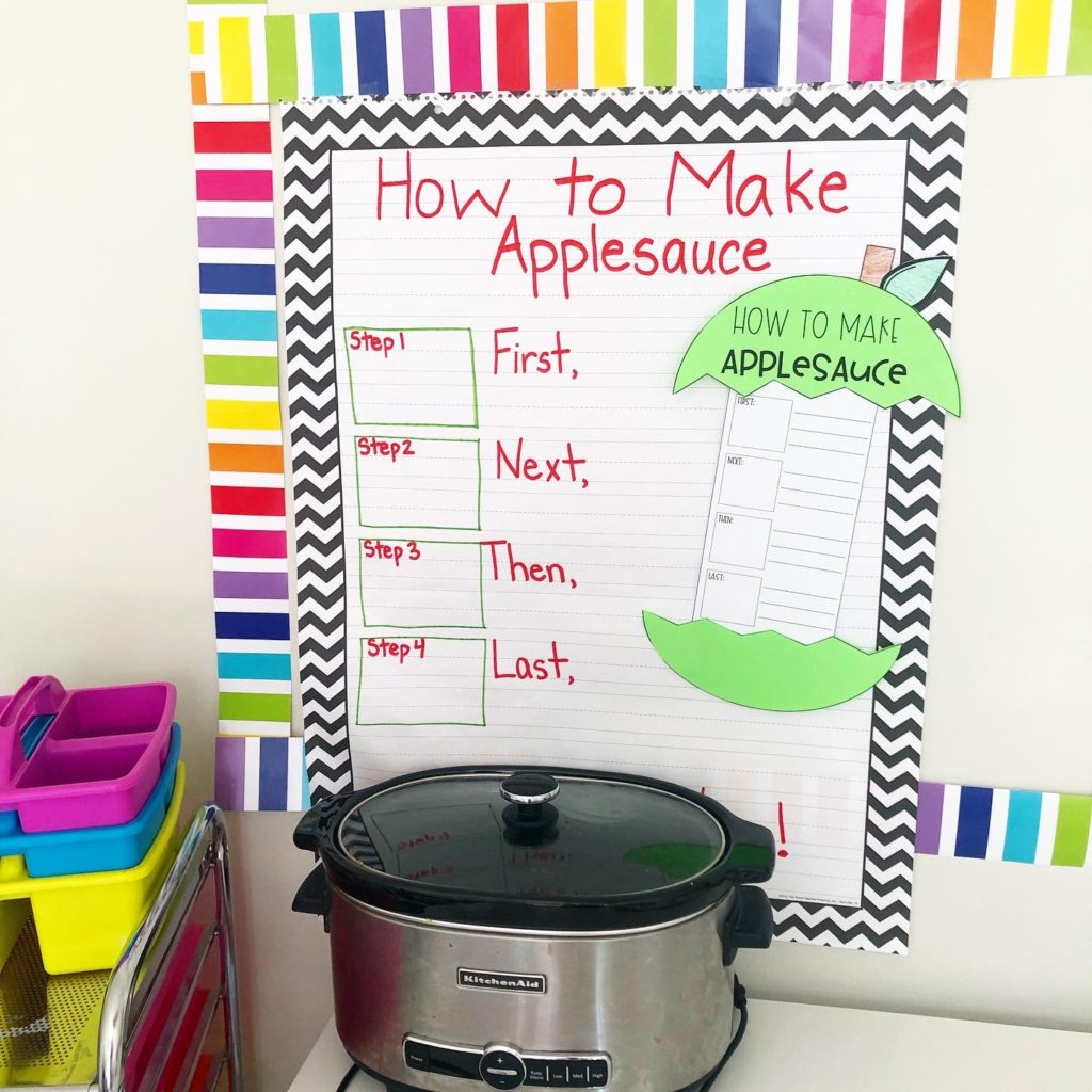 Apple activities in first grade making crockpot applesauce in the classroom