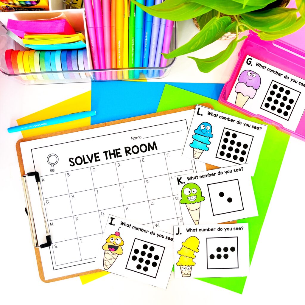 Subitize Solve the Room Math Center Number Sense Task Cards for first grade