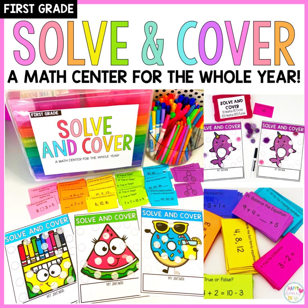 First grade task cards math center Solve and Cover