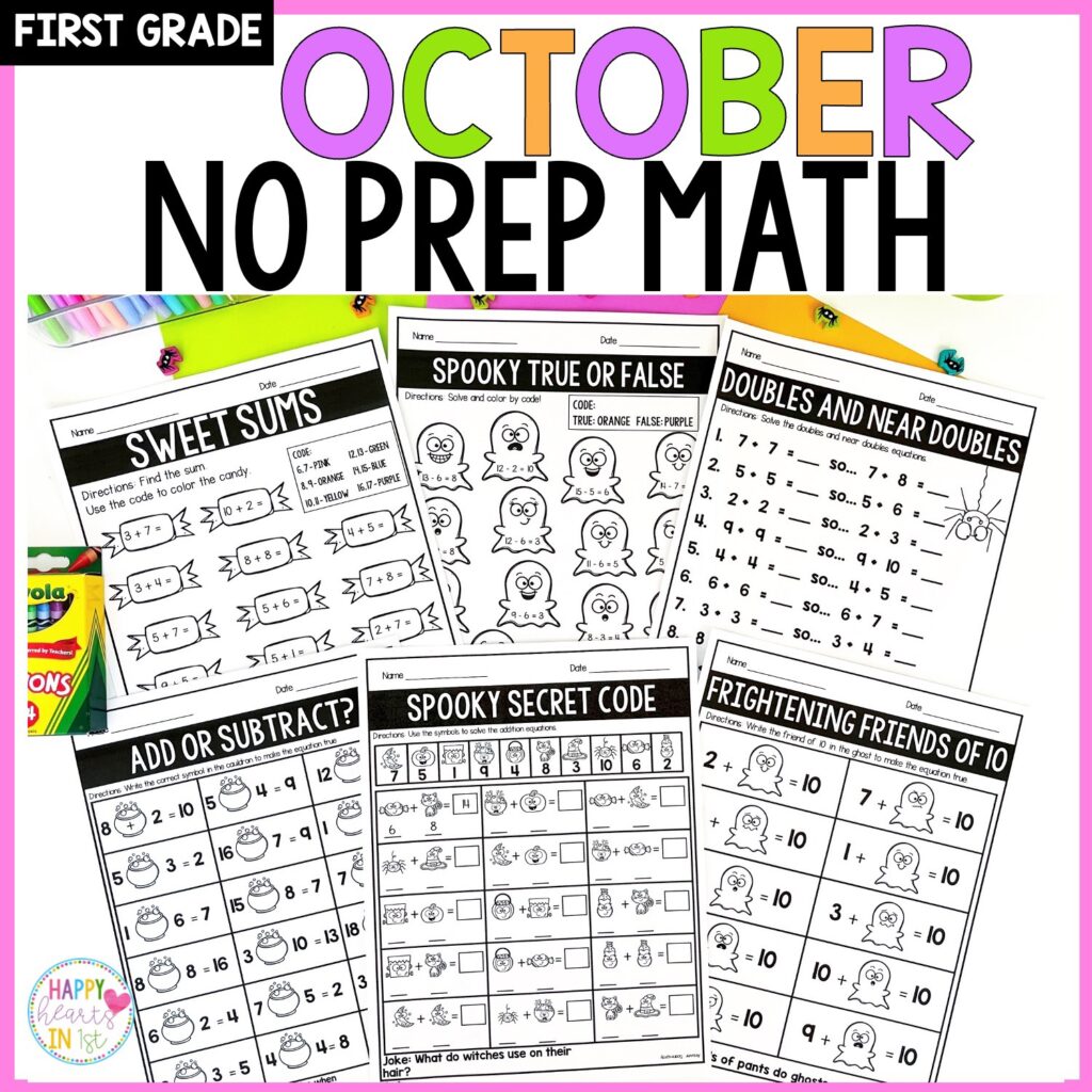 First grade Halloween Math Worksheets no prep math pages for October