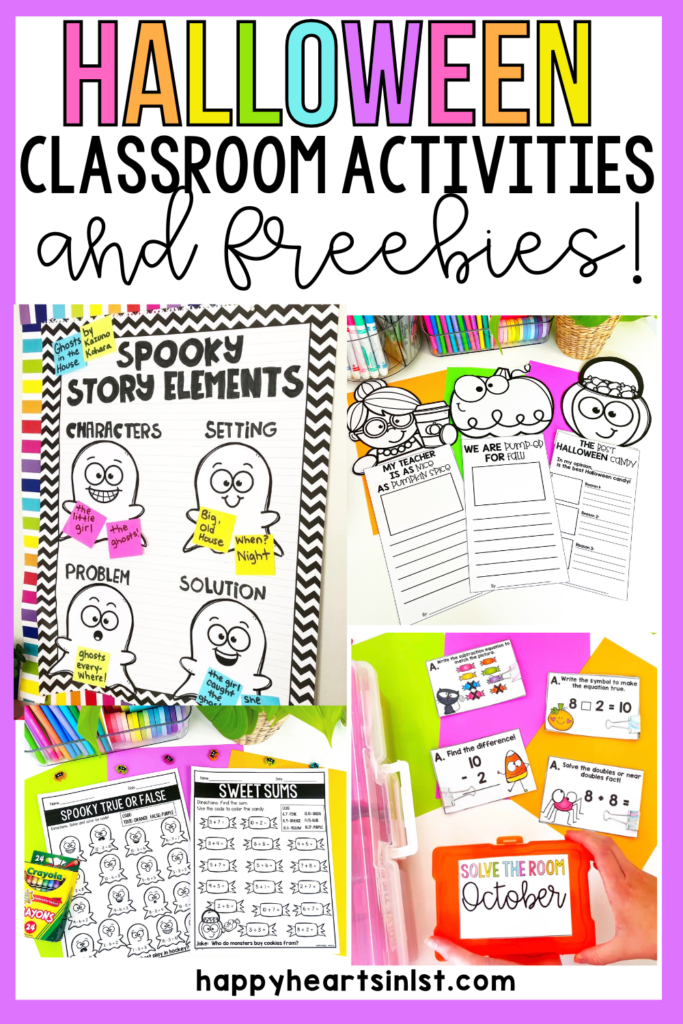 October can be a crazy time in the classroom. I love incorporating fun Halloween classroom activities that fit in with our daily routines, but also add some extra engagement! Read to find some of my favorite Halloween Classroom Activities in first grade including anchor charts, math centers, word problems and more! Plus grab a free Halloween Story Elements reading comprehension page, Halloween glow stick gift tag, and some no prep Halloween writing crafts! Perfect for the elementary classroom!