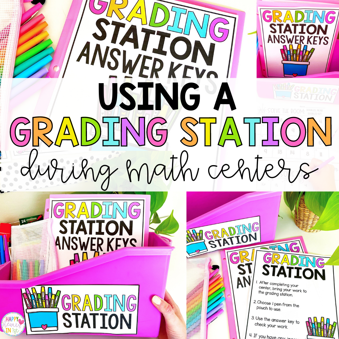 Save time by incorporating a Grading Station into your math center routine in your elementary classroom! When students complete a math center with a recording page, they can take finished work to the grading station. They get to be the “teacher” and check their own work! This is a huge time-saver for me and also helps my students to be accountable! Read more to learn about how I set-up my Grading Station Tub for math centers, how I use this as assessment, and grab the grading station freebie!