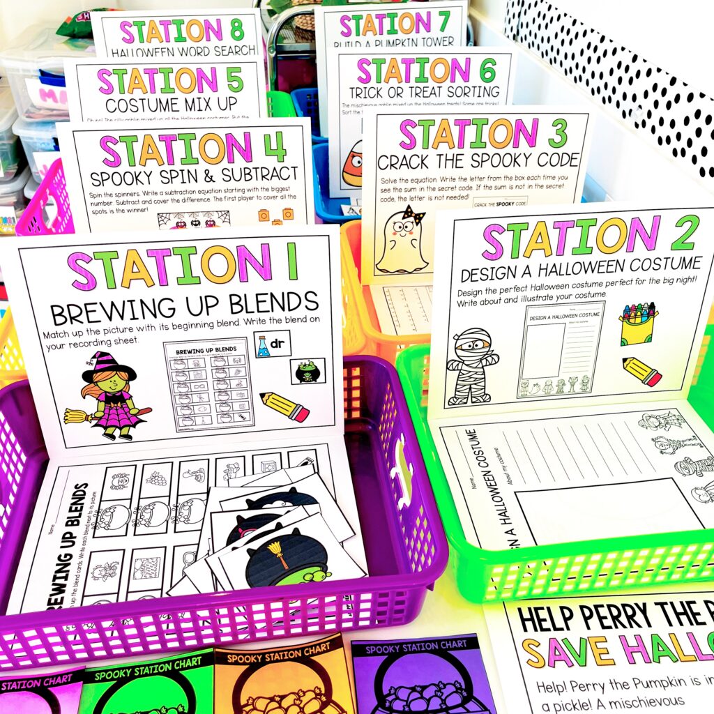 Halloween Station Day activities for 1st grade with math, literacy, writing, and STEM centers for a fun classroom theme day.