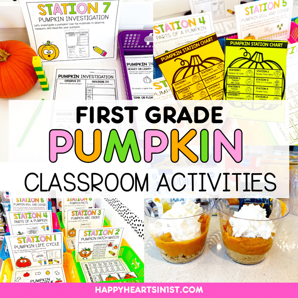 Pumpkin Station Day activities for 1st grade with math, literacy, science, and STEM centers for a fun fall classroom theme day.