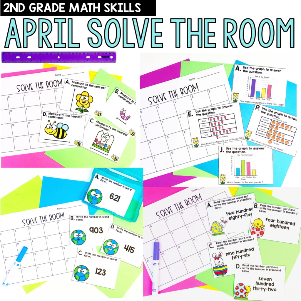 Spring Classroom Activities - Solve the room math task cards 2nd grade Spring math center activity