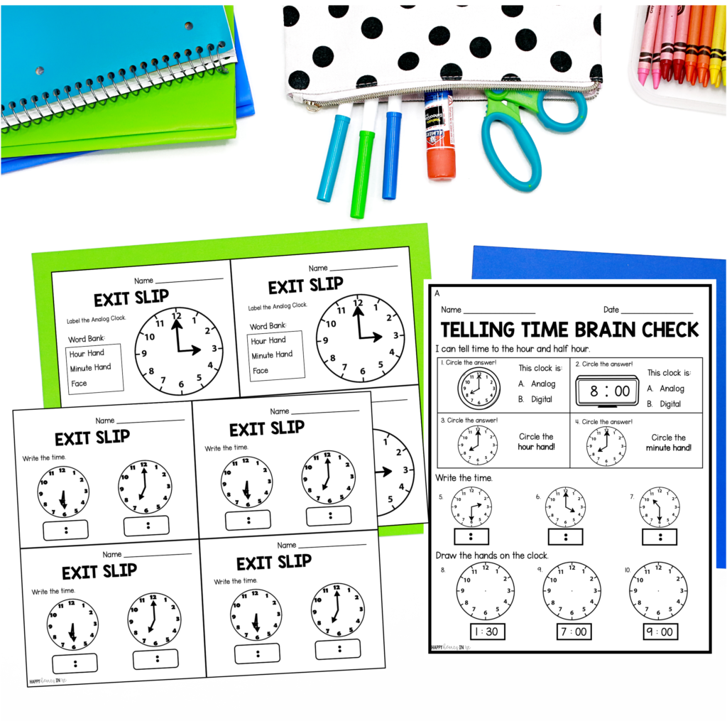 telling time to the hour and half hour 1st grade assessment exit slips