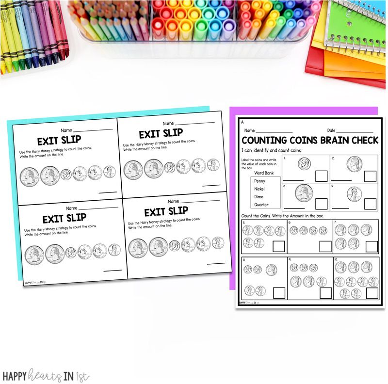 money first grade worksheets and assessment exit slips