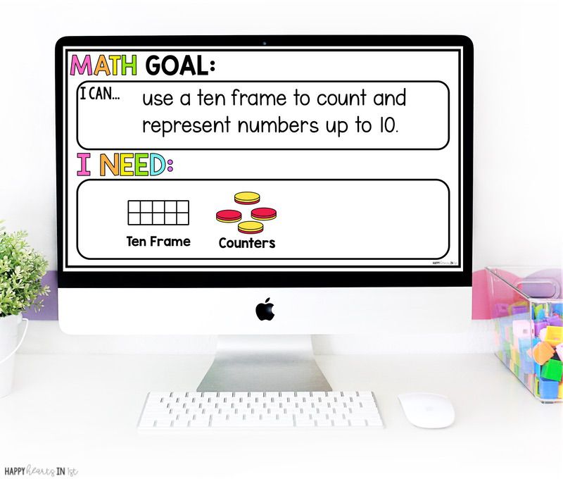 learning objective First grade learning target slide with I Need icons for classroom routines and student independence