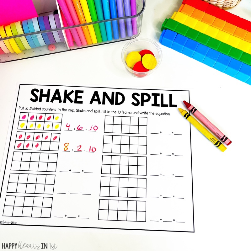 Friends of ten addition strategy 1st grade math activities guided math small groups Shake and spill