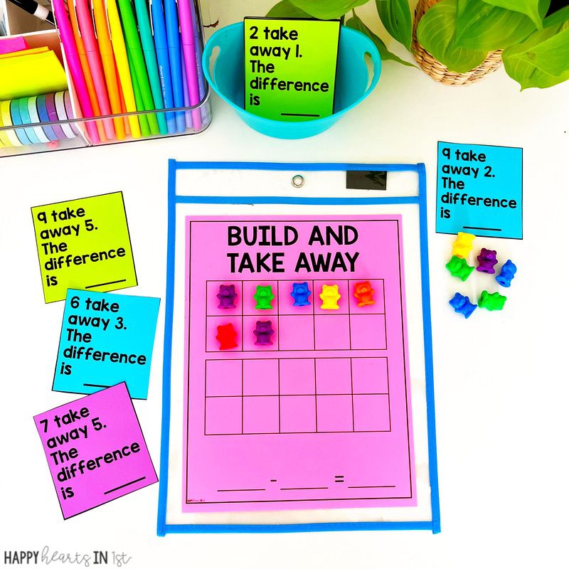 Subtraction ideas for 1st grade small group math mat and activities