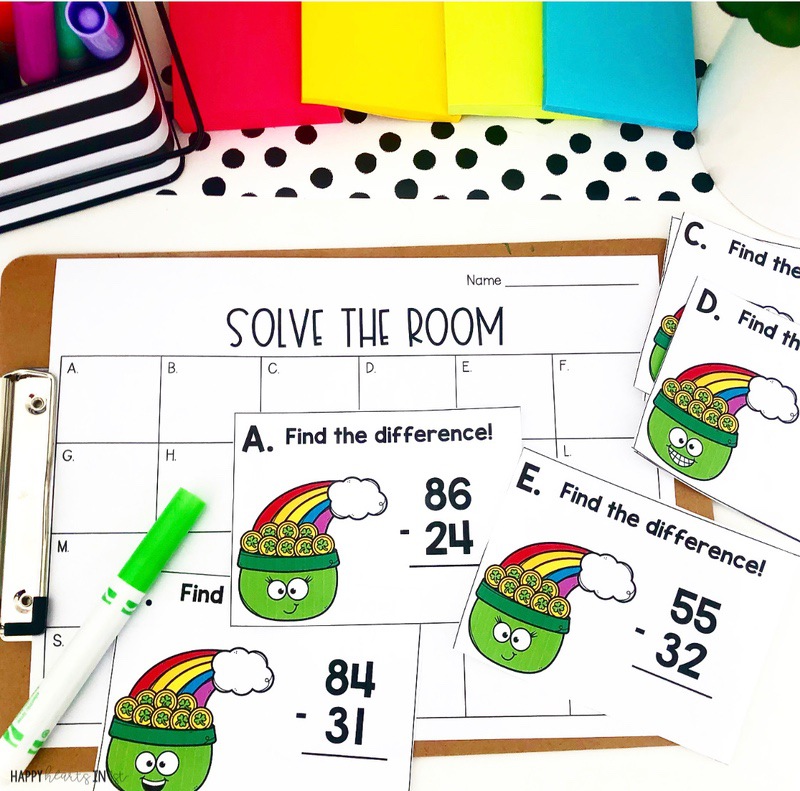 Solve the Room Math centers 1st grade math activities 2-digit subtraction task cards