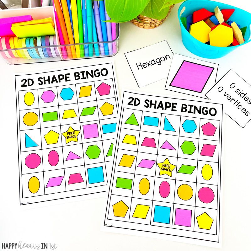 2D Shape Bingo 1st grade math game activity review