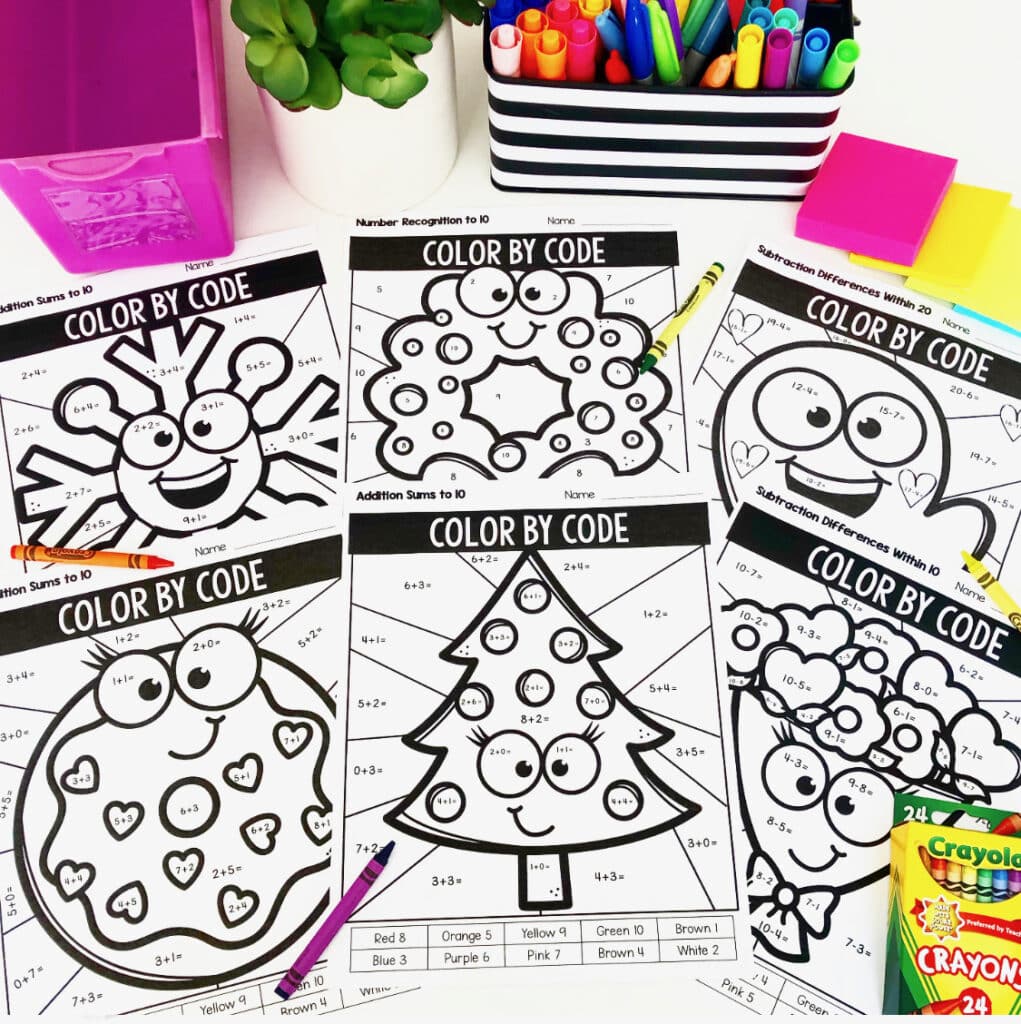 color by number addition and subtraction color by code differentiated Christmas math worksheets for 1st grade