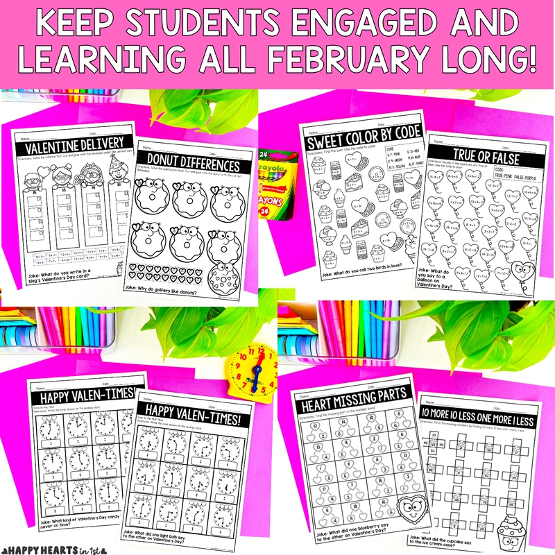 February Worksheets 1st Grade math no prep Valentine's Day