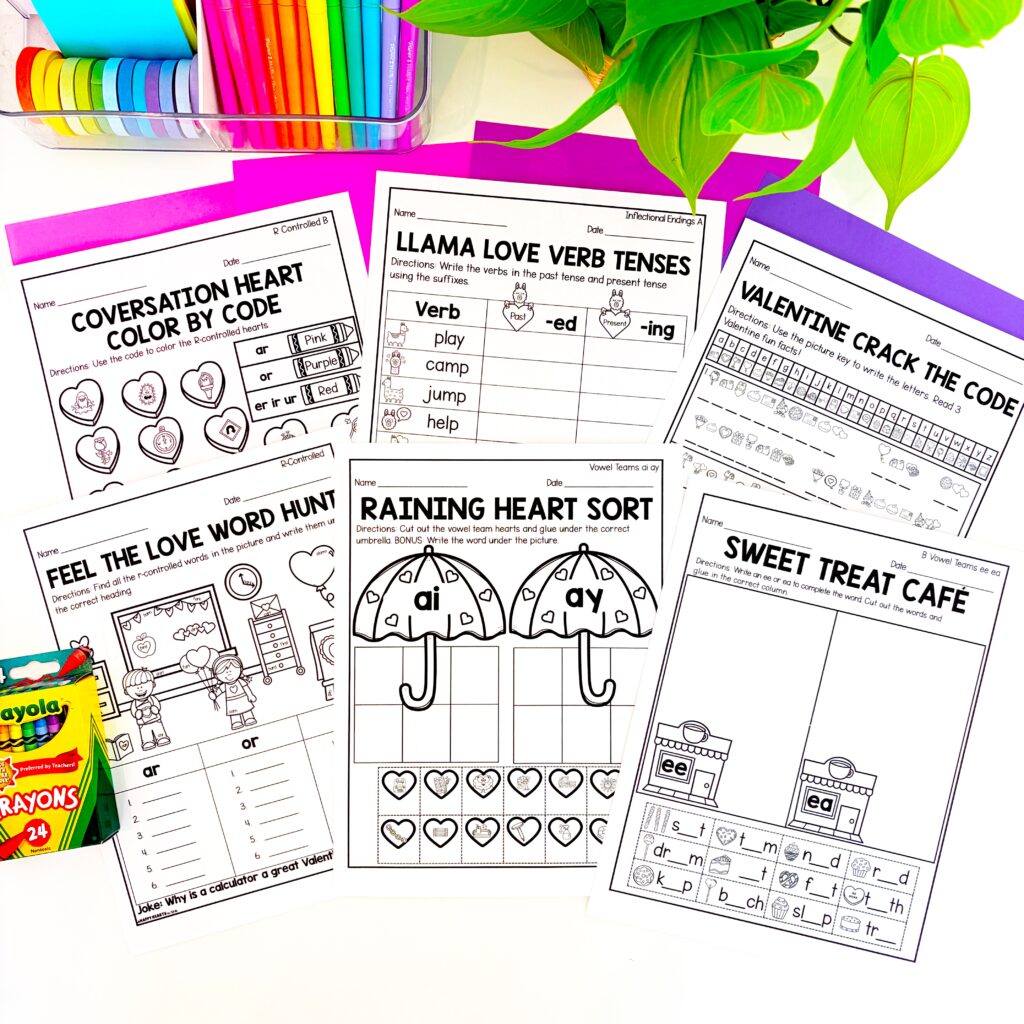 1st grade valentine's day worksheets literacy phonics reading writing grammar 