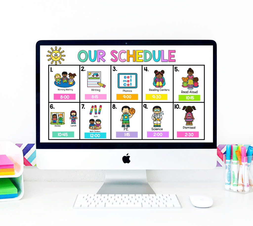 Visual schedule daily slide for classroom routines and classroom management in first grade