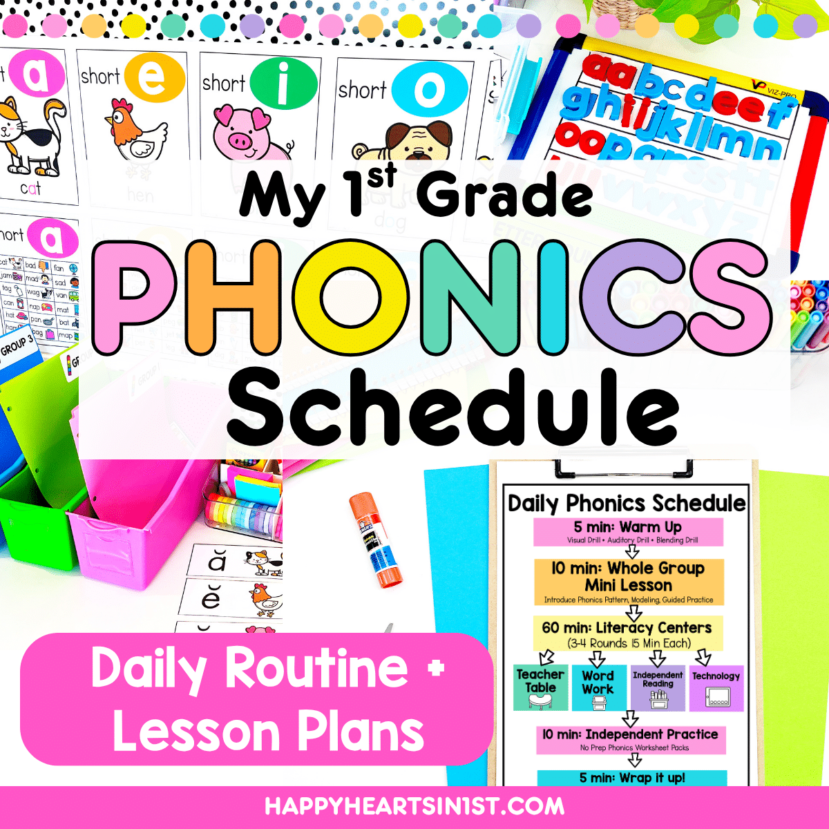 1st grade phonics routine blog post showing a daily phonics schedule, literacy centers, and lesson plans for teaching phonics.