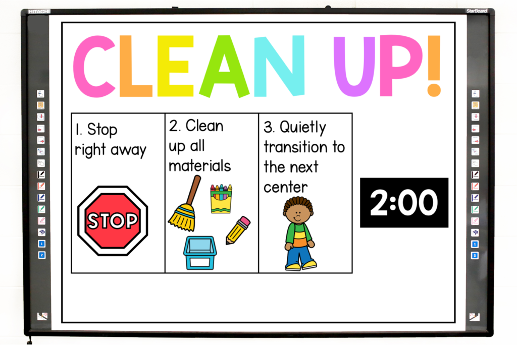Clean-up transition slide with timer for first grade classroom routines and classroom management daily slides