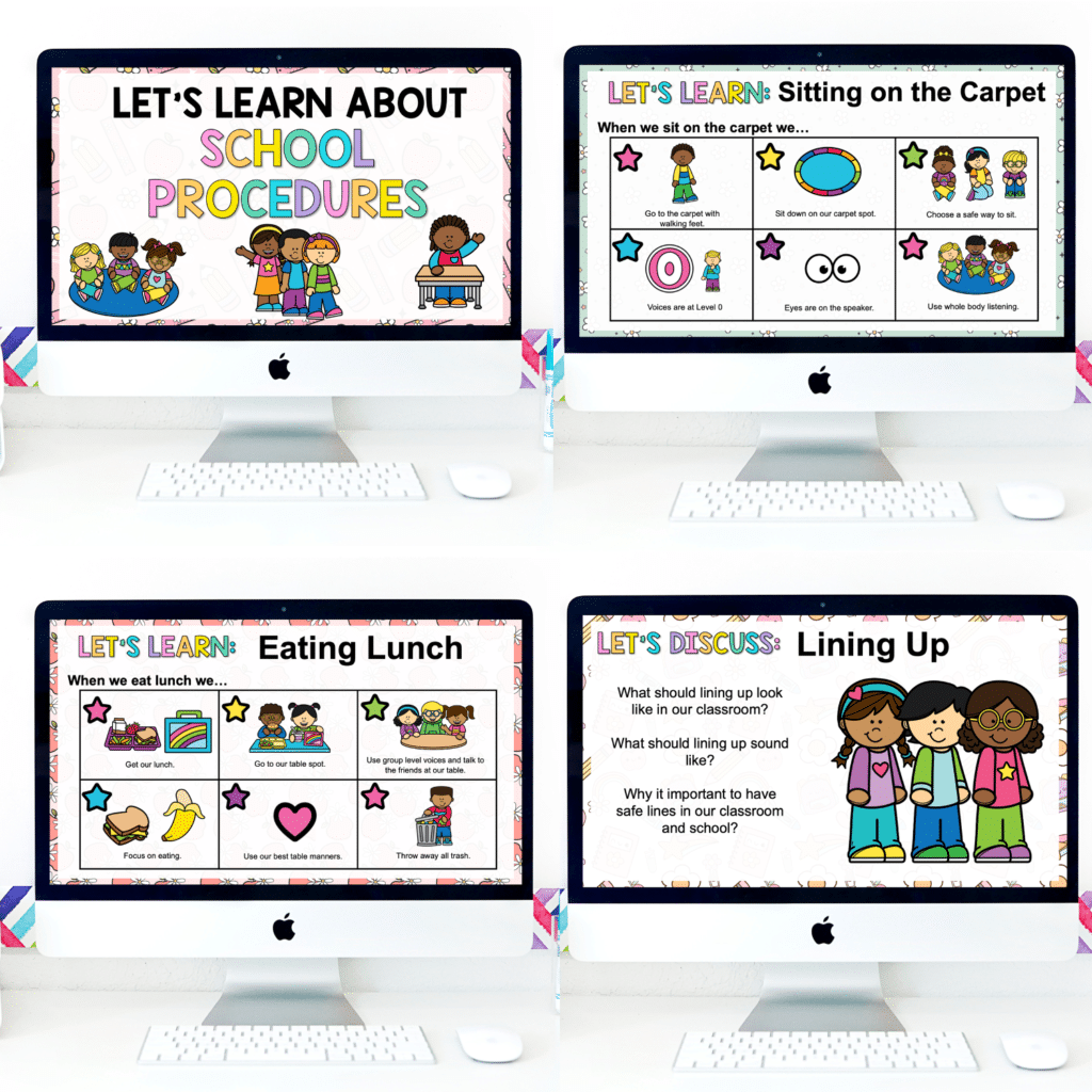 Back-to-school procedure slides for teaching first grade classroom routines and classroom management