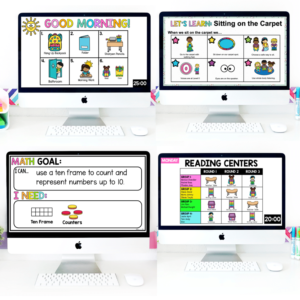 First grade classroom daily slides including a morning routine, visual schedule, center rotations, and visual directions.