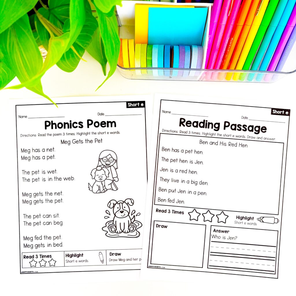 1st grade phonics poem reading passage short vowels