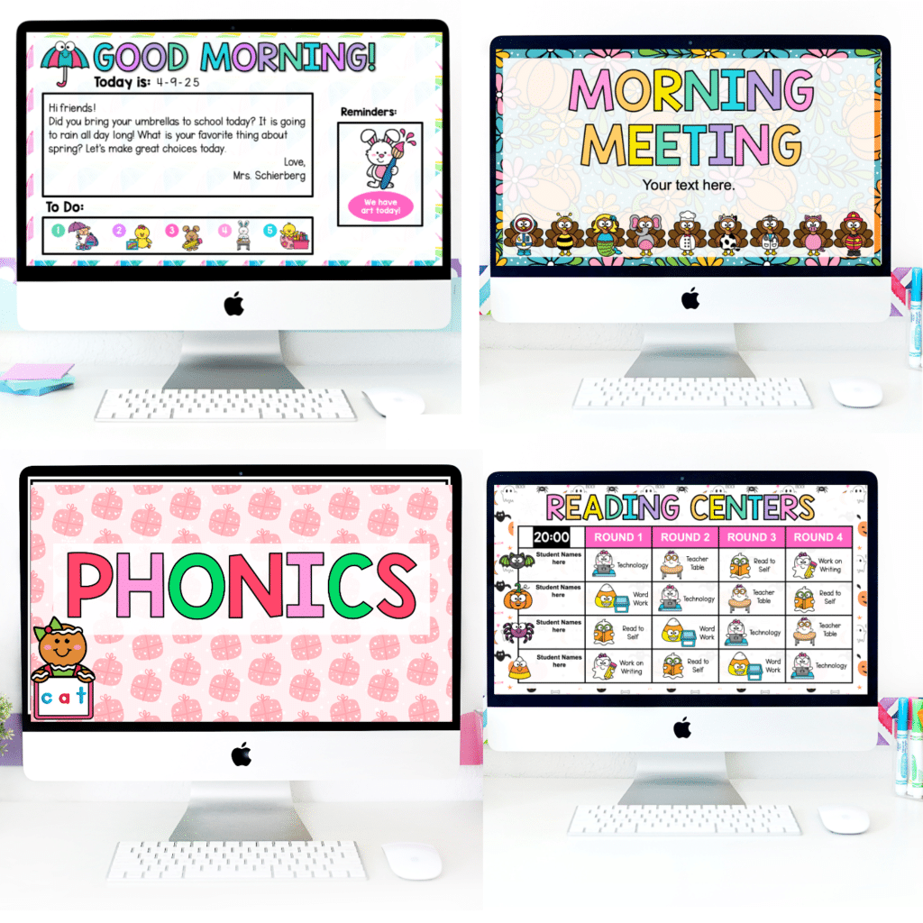 Seasonal daily classroom slides for first grade classroom routines throughout the school year