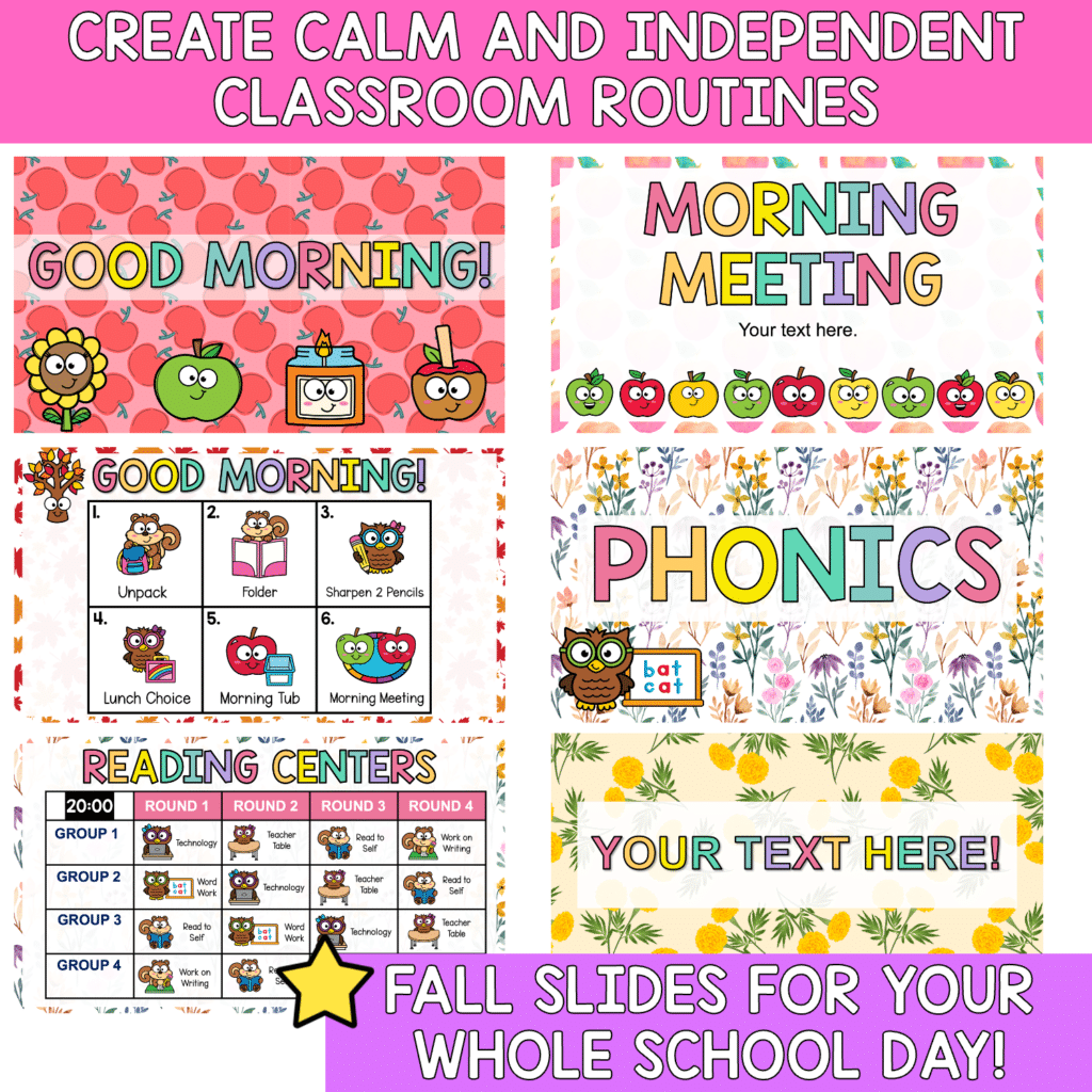 Fall Daily Slides for 1st grade classroom routines, morning meetings, centers, and visual directions