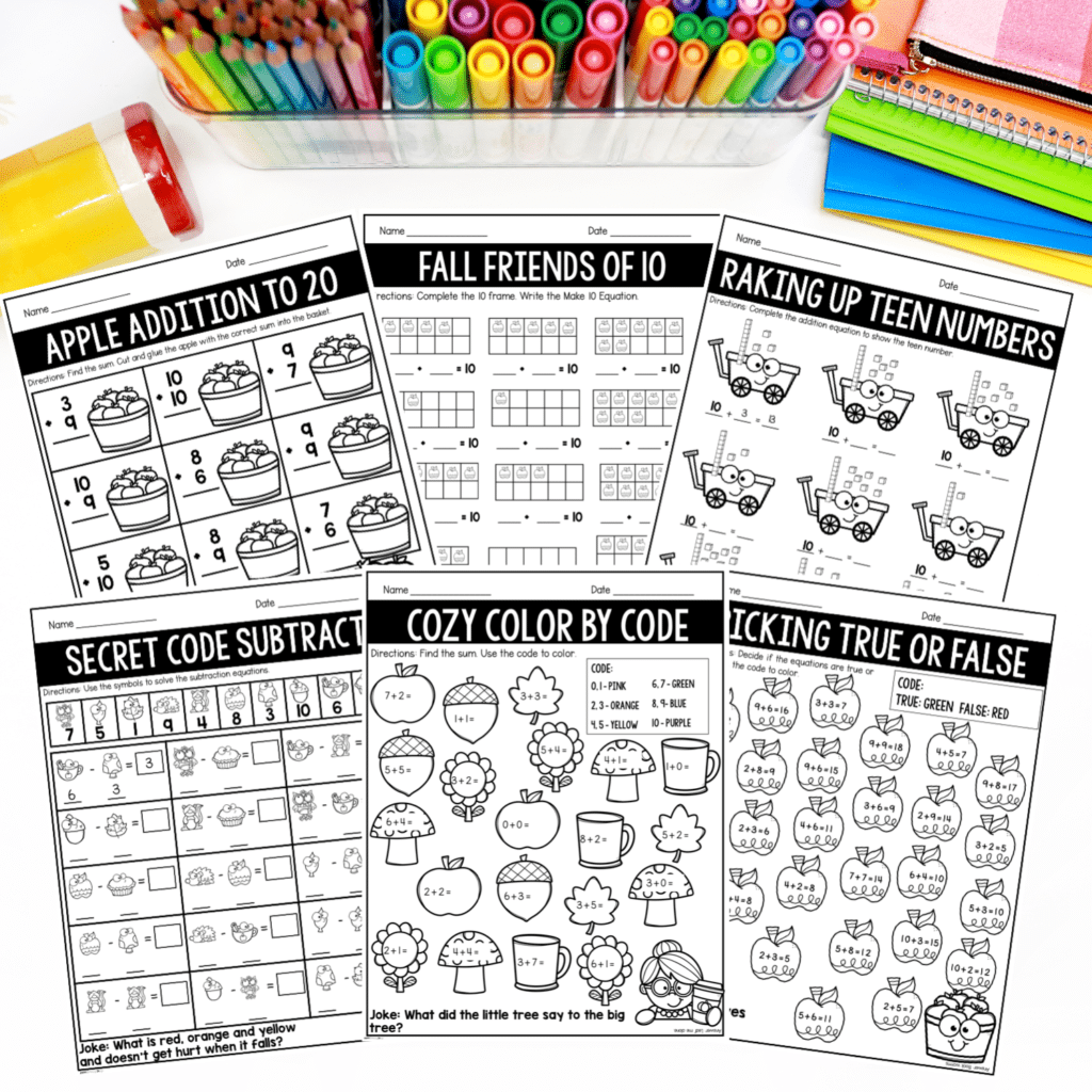 Fall math worksheets for 1st grade with addition, subtraction, teen numbers, fact fluency, and number sense practice.