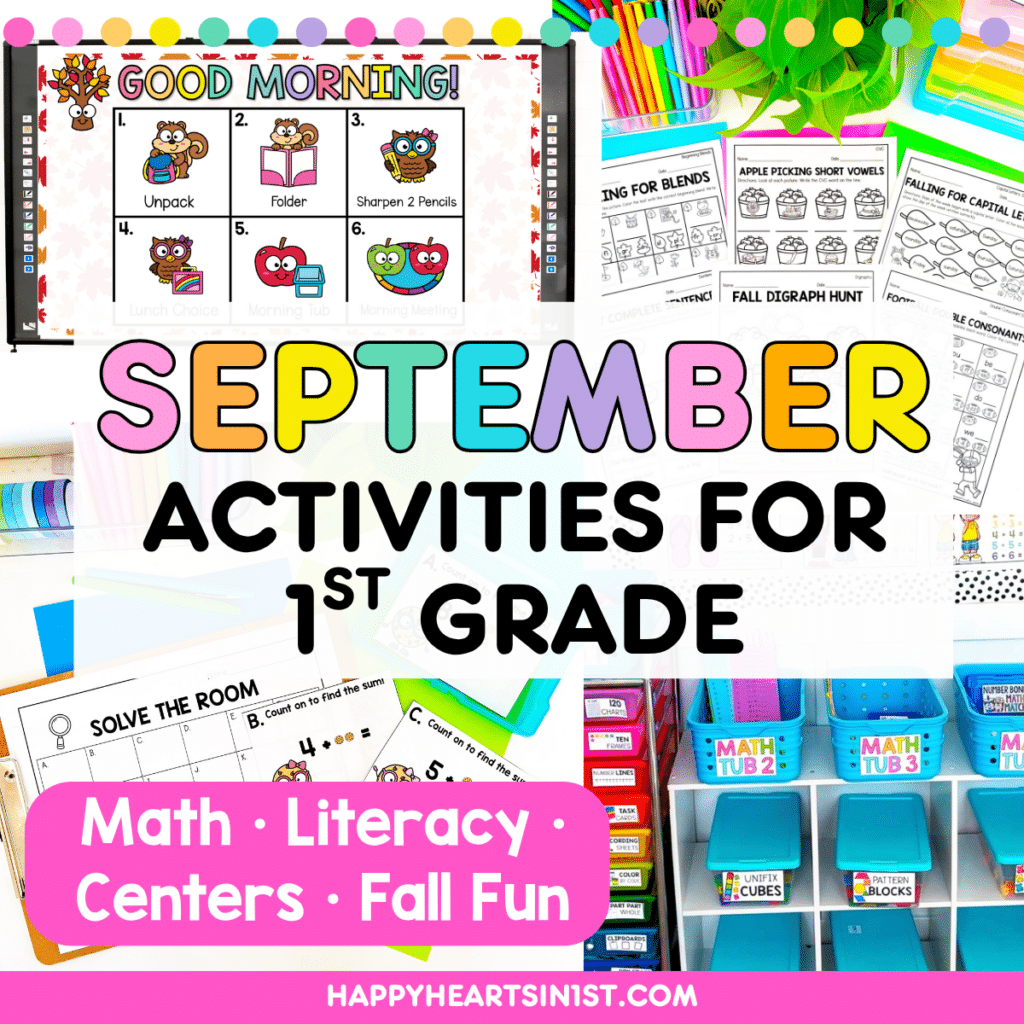 September activities for 1st grade including math centers, fall literacy worksheets, phonics activities, and seasonal classroom ideas.
