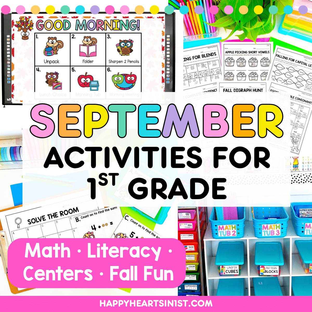 September activities for 1st grade including math centers, fall literacy worksheets, phonics activities, and seasonal classroom ideas.