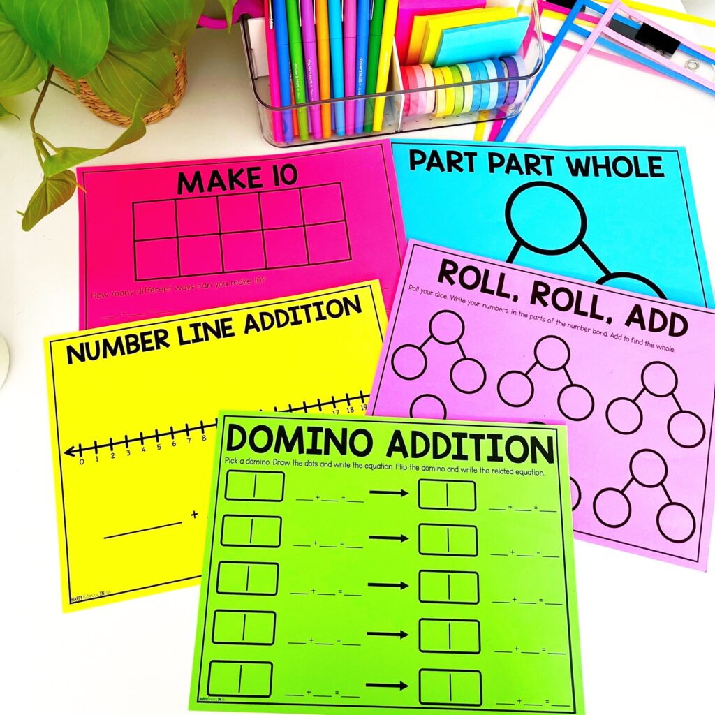 Free addition math mats for 1st grade with hands-on activities for practicing addition strategies and fact fluency.