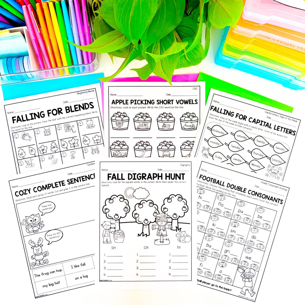 Fall literacy worksheets for 1st grade with phonics, blends, digraphs, grammar, reading, and short vowel practice.