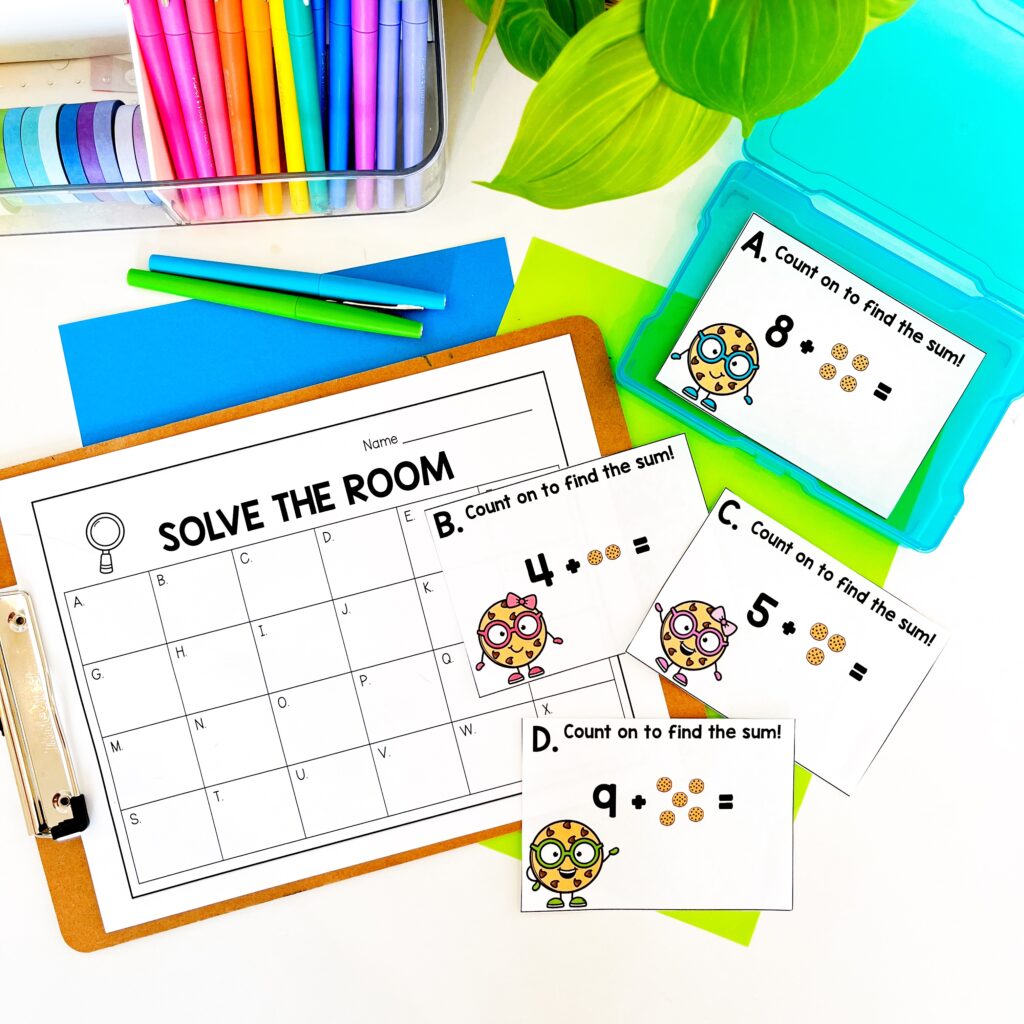 Fall Solve the Room math center for 1st grade with seasonal addition and subtraction task cards.
