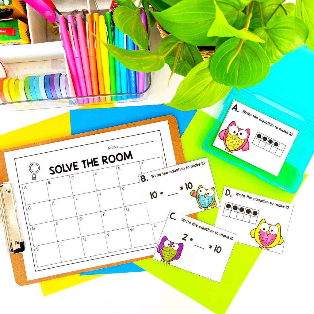 Fall owl Solve the Room activity for 1st grade practicing addition and number sense skills.