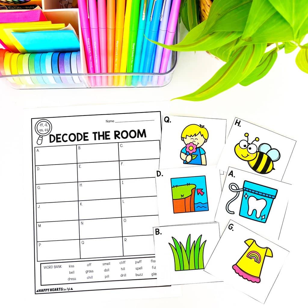 1st grade phonics Decode the Room center for practicing double consonant endings