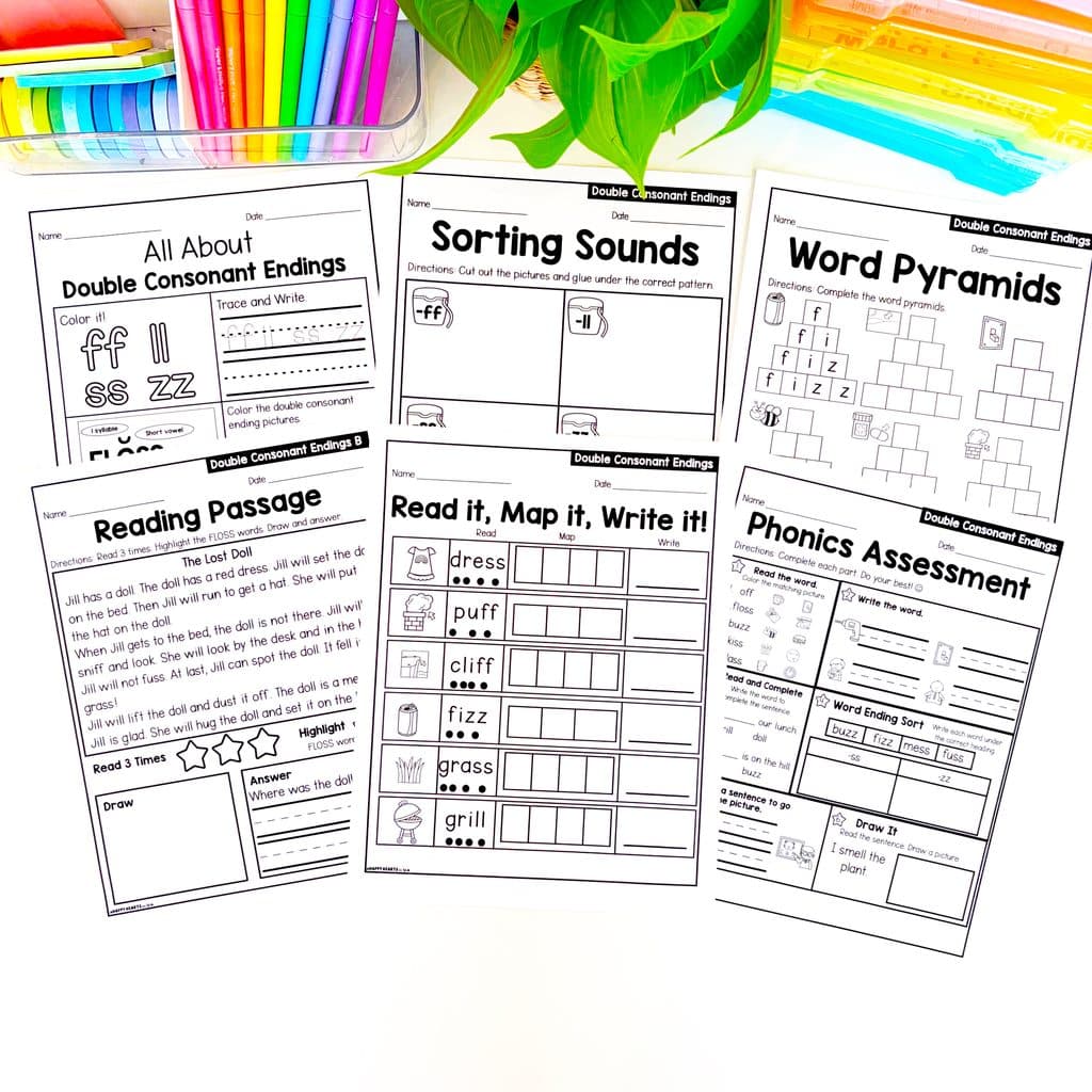 1st grade phonics worksheets for practicing double consonant endings and the FLOSS Rule