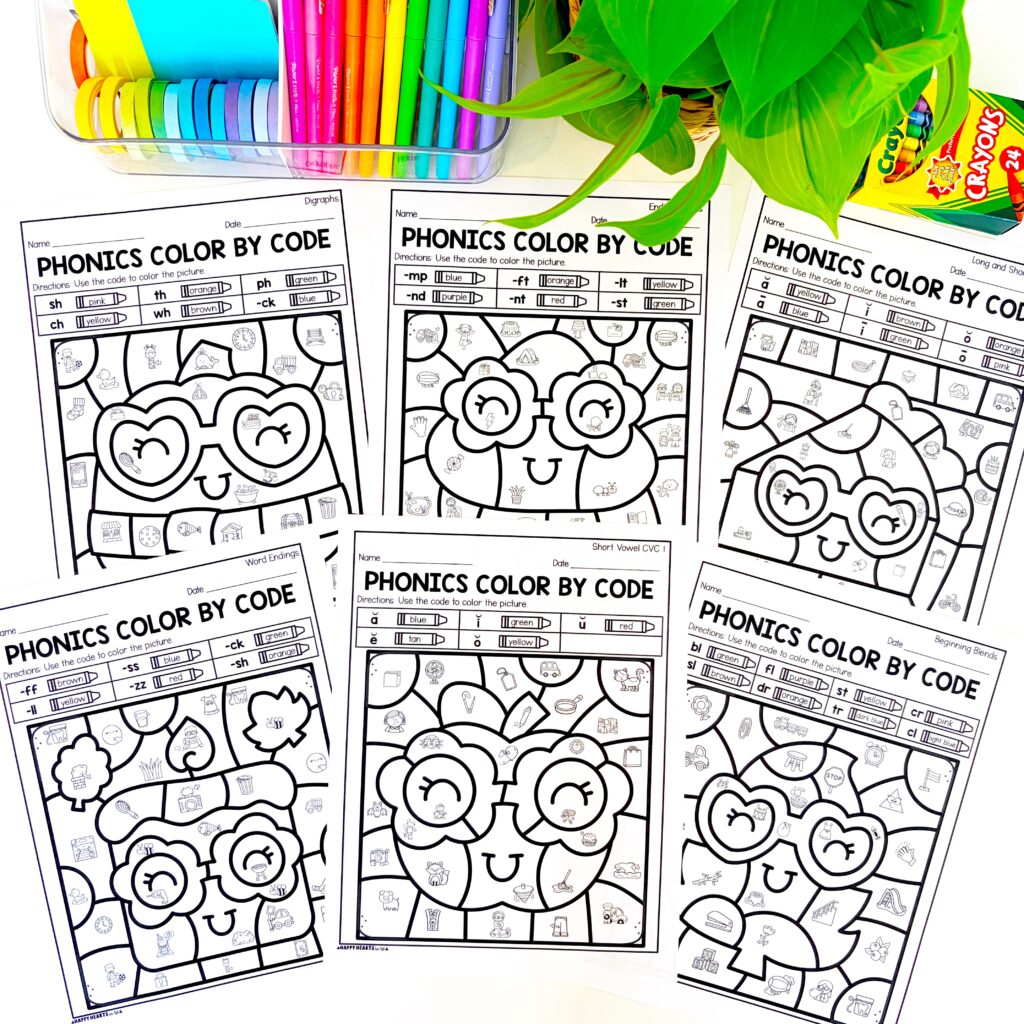 Phonics color by code worksheets for 1st grade practicing beginning phonics skills with fun seasonal pictures.