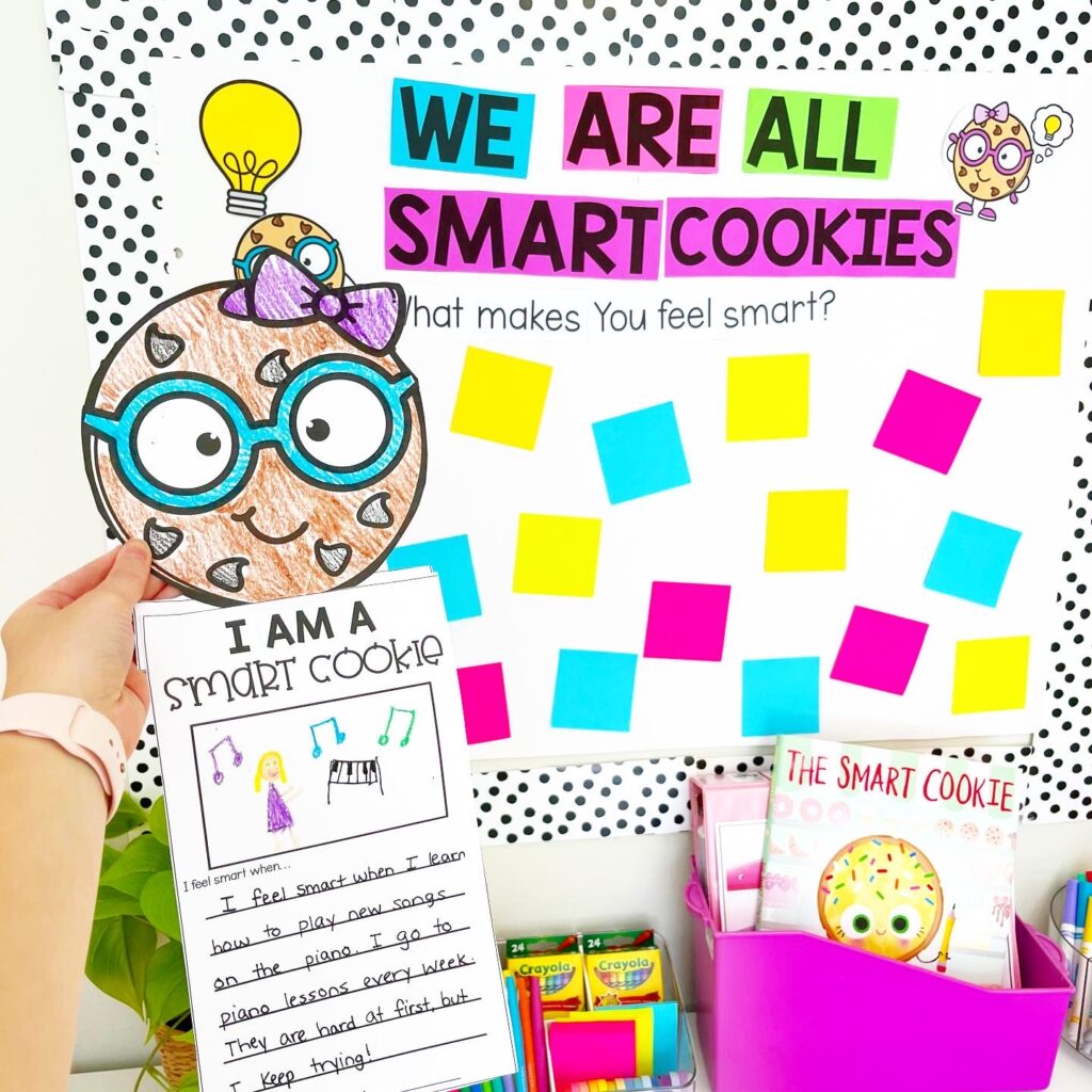 Free Smart Cookie craft and writing activity for 1st grade with a colorful classroom bulletin board display.