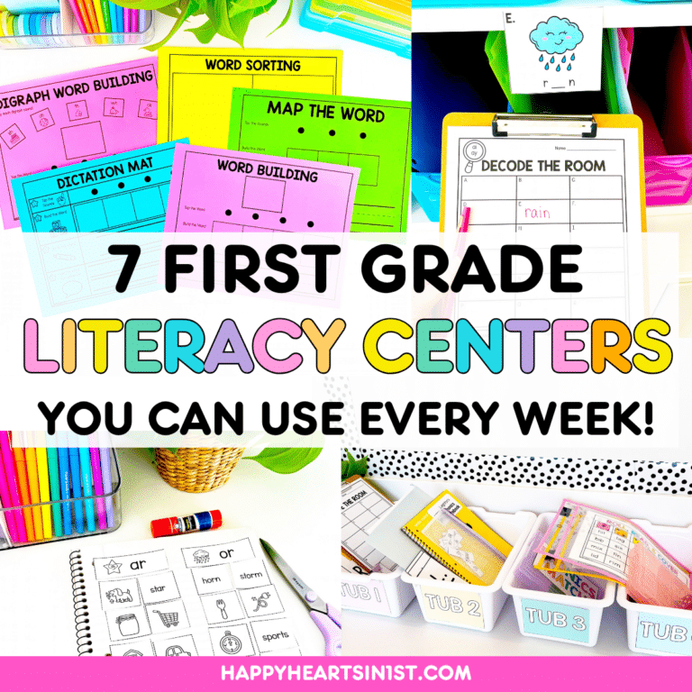 7 first grade literacy centers students can use every week, including phonics word building, word sorting, Decode the Room, and literacy center tubs.